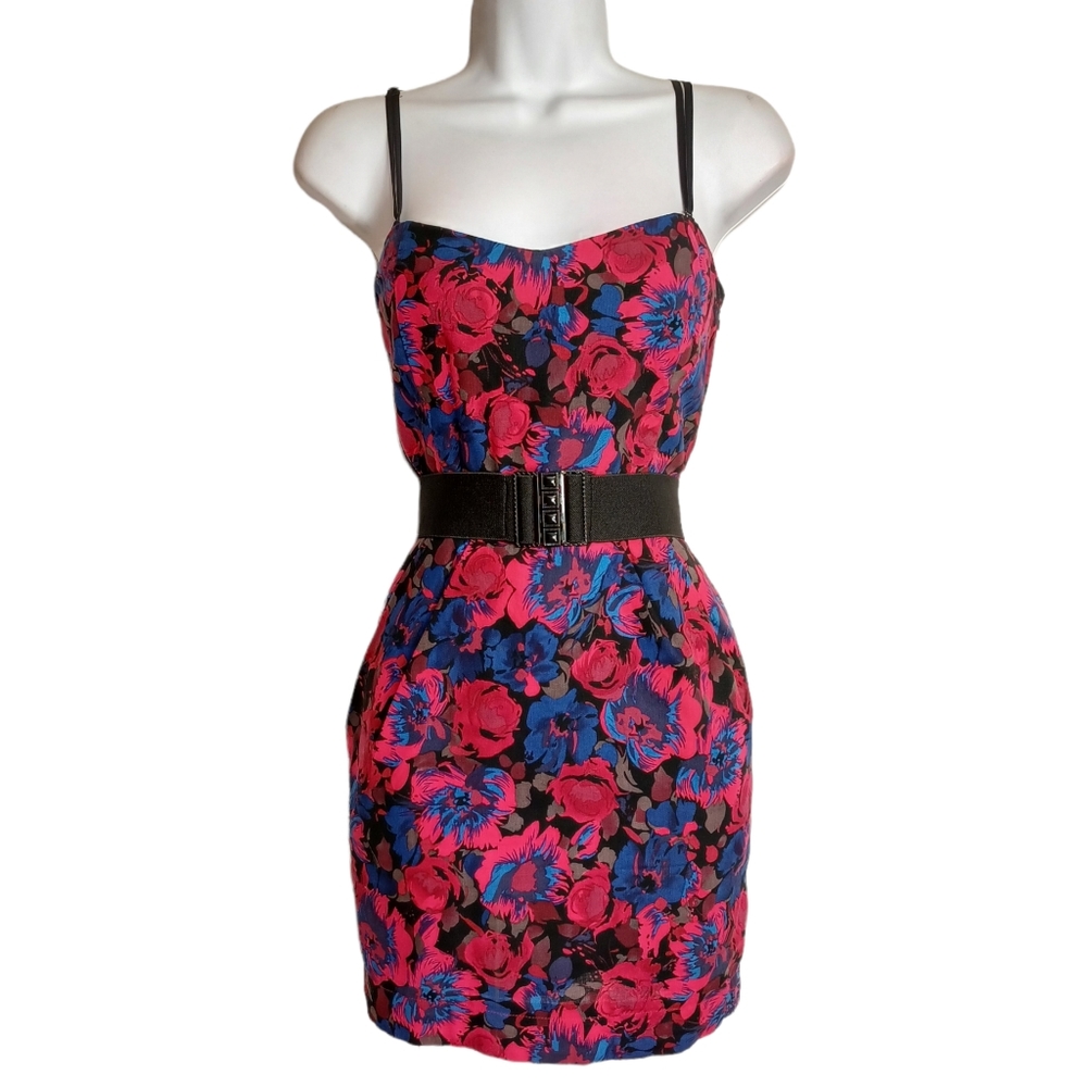 FOREVER 21 Pink Blue Gray Floral Print Sleeveless Mini Dress w Belt Medium - Picture 1 of 8